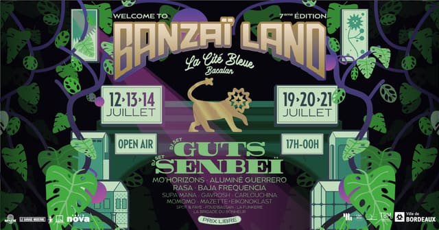 Affiche de Banzaï Land 2024, septième édition, à la Cité Bleue à Bacalan : un lion doré dans une jungle de feuillages, les dates des 12, 13, 14 et 19, 20, 21 juillet, en plein air de 17 heures à minuit, à prix libre.